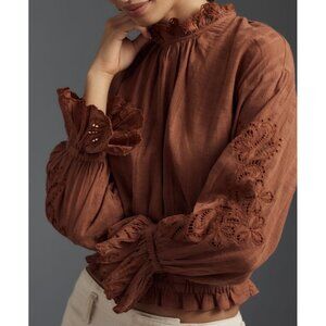 Pilcro Anthropologie Long-Sleeve Ruffled Bubble Blouse Embroidered Size XL Brown